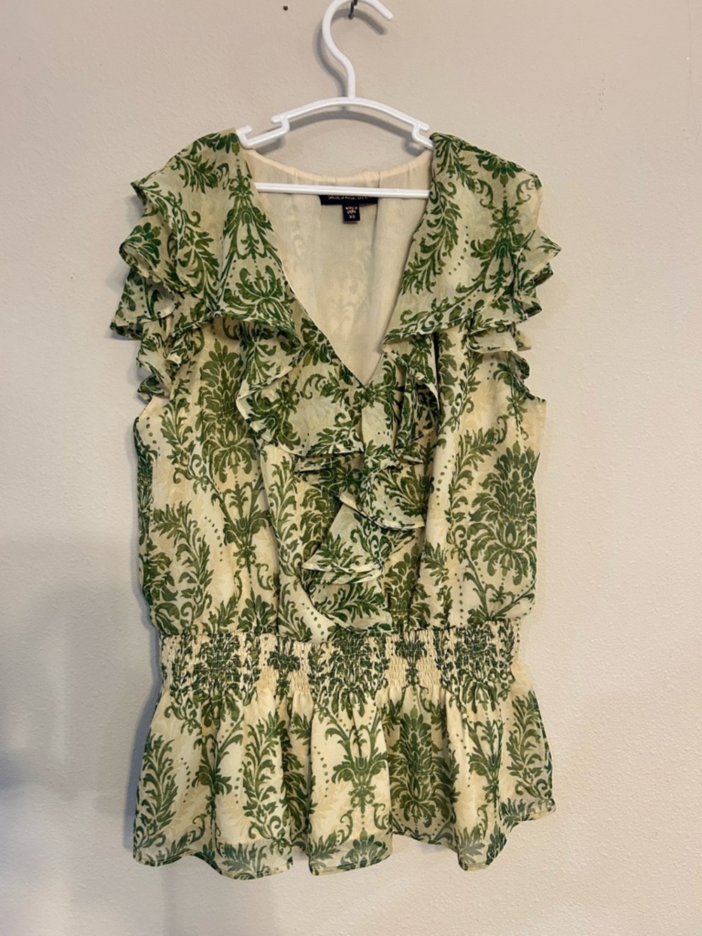 Skies Are Blue Cream Blouse with Green Botanical Print